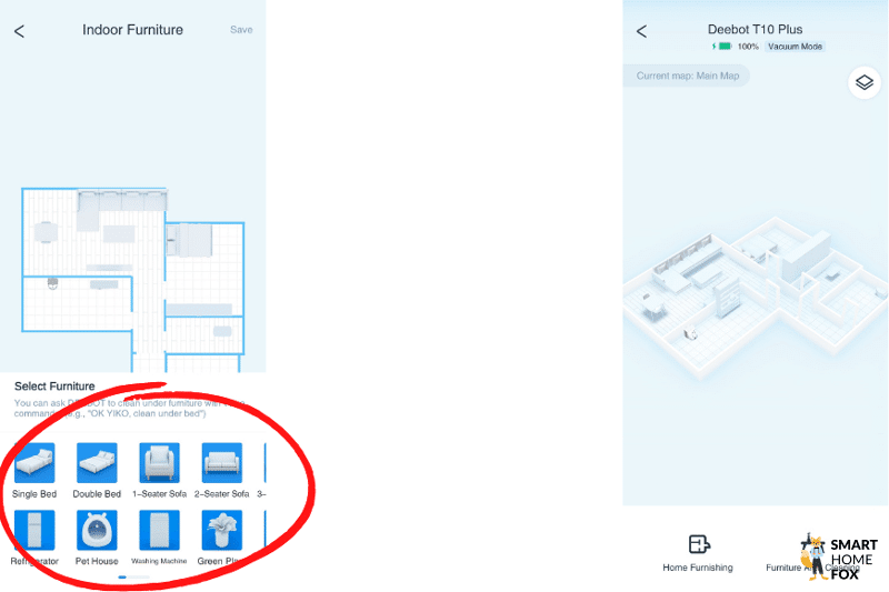 Möbelstücke werden in der Ecovacs Deebot T10 App in der 3D-Karte platziert.